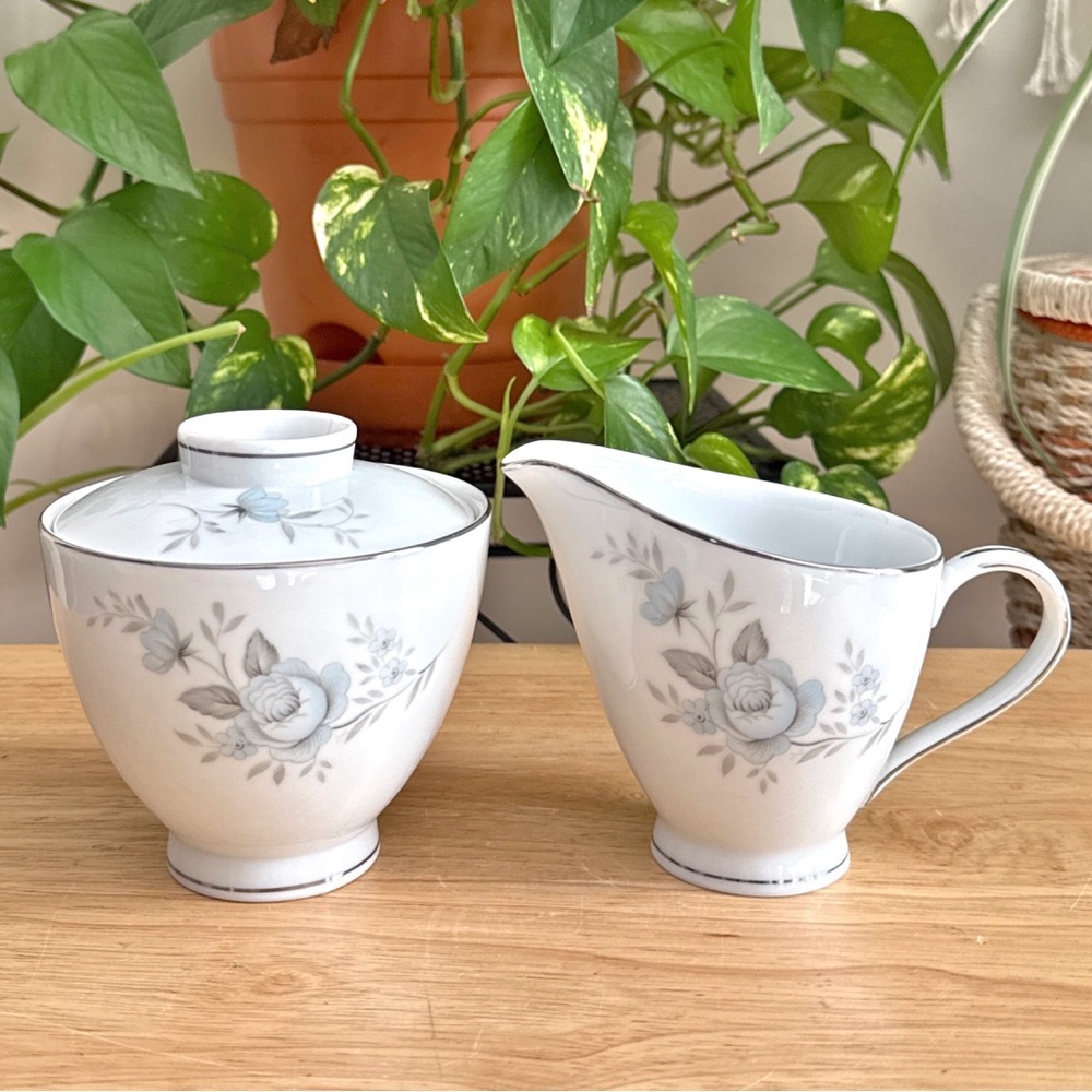 Vintage Mikasa Blue Rose 5413 Creamer & Sugar Bowl Fine China Japan Mid Century